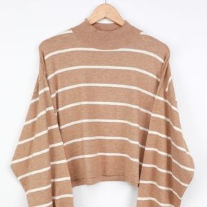 NWOT LULU'S,Sz.Small, Cruising for Cozy Tan Striped Knit Balloon Sleeve Sweater
